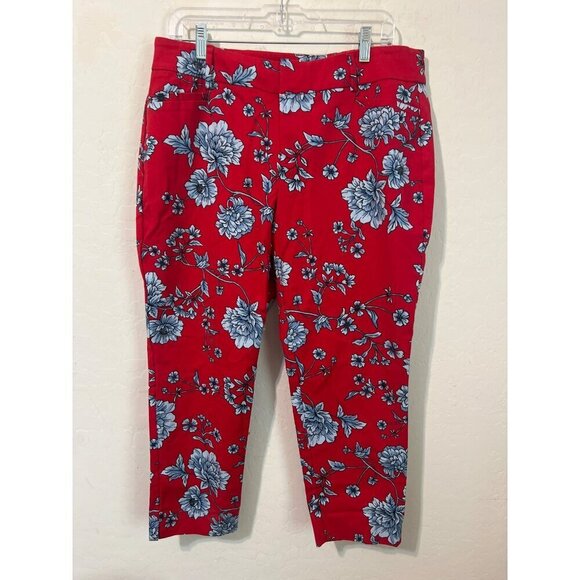 Roz & Ali Red Pants Blue Flowers Sz 14P Bright Novelty Printed - Picture 2 of 7